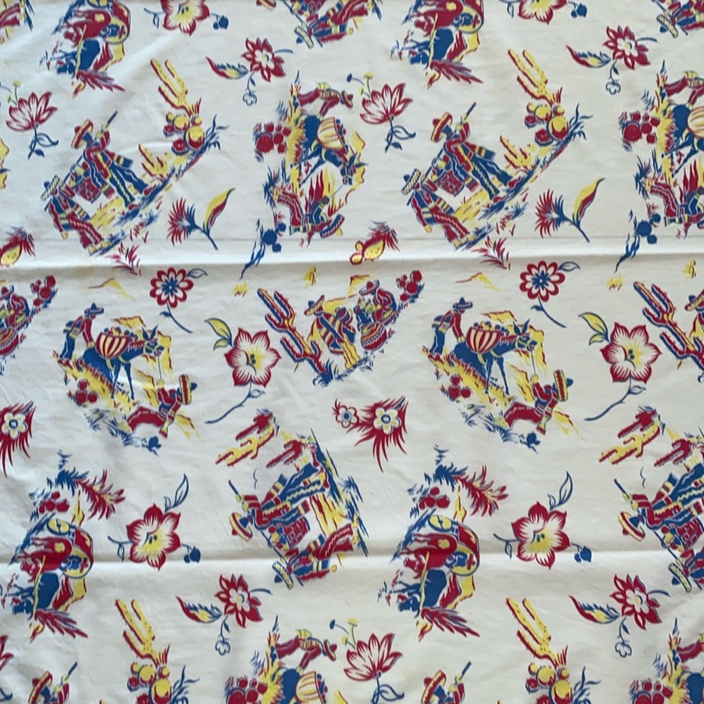 Vintage Mid Century Old Mexico Style 46” Square Linen Tablecloth